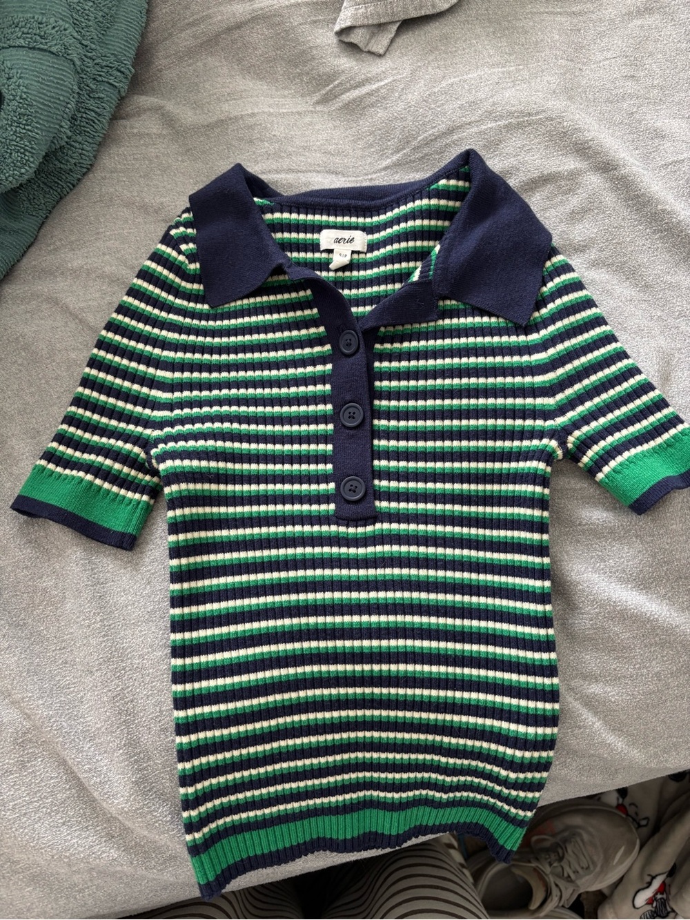aerie navy, green & cream striped polo sweater